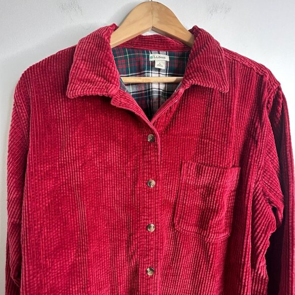 LL Bean Corduroy Shirt Jacket Womens L Red Flannel Lined Button Up Shacket Warm - Picture 3 of 11